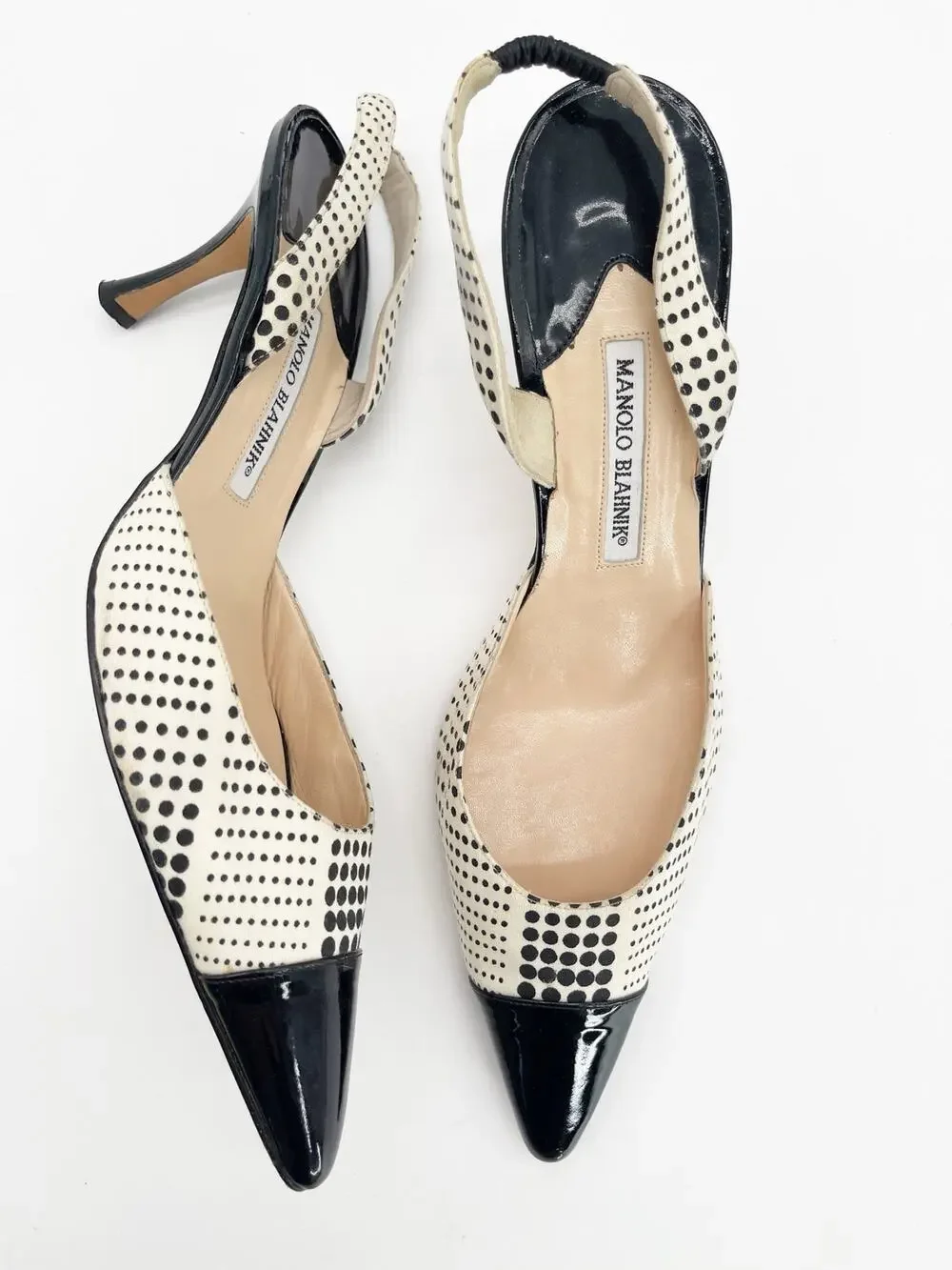 Manolo Blahnik Vintage Black White Polka Dot Cap Toe Slingback Heels IT 42